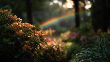 A Colorful Rainbow Appears Above A Lush Garden photo