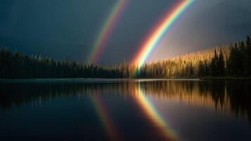 A Colorful Two Rainbow Arc Above a Peaceful Lake photo