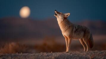 A Curious Coyote Calling to the Moon in the Desert photo