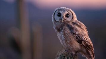 A Curious Owl on a Saguaro as Evening Approaches photo