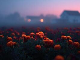 A Field Of Marigolds Shrouded In Dawn Mist photo