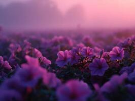 A Field Of Petunias Enveloped In The Mist Of Dawn photo