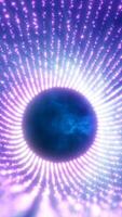 Abstract glowing circular formation with radiating violet light points against a dark center, evoking a digital portal video