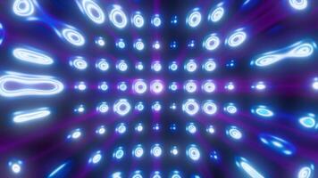 Vibrant array of glowing blue and purple neon rings extending in a digital grid with surreal light distortions and reflections video