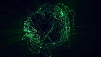 Vivid green abstract sphere made of dynamic swirling light trails, symbolizing energy, nature, and technology fusion video