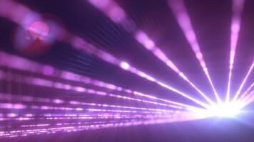 A soft, pink-themed abstract tunnel formed by glowing light beams stretching into the distance in perspective video