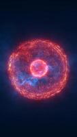 Abstract fiery spherical structure with glowing particles and cosmic blue accents, symbolizing energy and explosion video