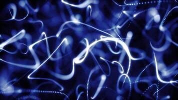 Abstract blue light trails and particles floating through a dark digital space in motion video