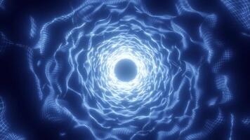 Blue glowing energy portal with wireframe mesh structure, forming a bright circular tunnel of light video