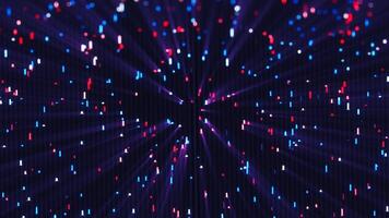 Radiant bursts of multicolored digital particles scattered across a dark background, creating a vibrant visual field video