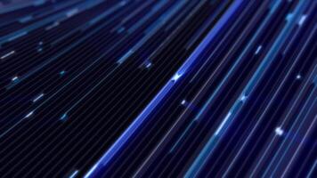 Dynamic blue parallel lines and glowing particles flowing in a fast, streamlined digital motion video