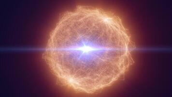 Fiery glowing orange energy sphere with intense light core and radiant heat filaments, representing high-tech power and futuristic combustion video
