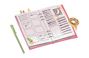 Open Planner with Pen and Notes in Flat Style on White Background. Versatile Design for Office Planning and School Organization. Perfect for, Educational Materials, Social Media Content, and Printable vector