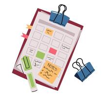 Tablet with Notes, Planner, Sticky Memos, Pen, and Highlighter in Flat Design on White Background. Ideal for Social Media Content, Printable school Stickers, and Productivity App Designs. vector