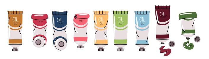 Oil Paint Tubes Set. Flat Design on White Background. Artist Supplies Collection for Painting Tutorials, Creative Projects, and Art Studio. Ideal for Art Websites, Social Media, and Education vector