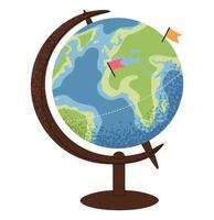 Flat style school globe with continents, oceans, and flags. Perfect for educational materials, geography lessons, classroom decor, web design, advertising campaigns, travel-related projects vector