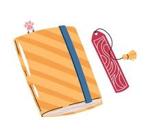 Yellow Striped Book with Bookmark in Flat Style on White Background. School Illustration for Libraries, and Educational Content. Perfect for Book Store, Blog Graphics, and Literary-Themed Designs vector