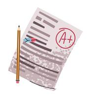 School Test Paper with Grade in Flat Style, Featuring Pencil and eraser on White Background. Perfect for Education Themes, Teacher Resources, Student Motivation, and Back to School Designs vector