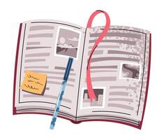 Open book in Flat Style on White Background with Attached Note and Pen. Textbook with Bookmark. Back to School. Perfect for Social Media Content, Poster Designs, Banners, Websites, and Sticker vector