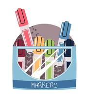 Highlighters in Box in Flat Design on White Background. Colorful Marker for Office, School, Study Supplies. Perfect for Stationery Branding, Back to School Campaigns and Organizational Content. vector