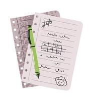 Notebook Paper Sheets with Scribbles and Handwritten Notes in Flat Style. Lined Pages with Pen for School, Office, and Creative Projects. Ideal for Education Content, Planner Sticker, and Social Media vector