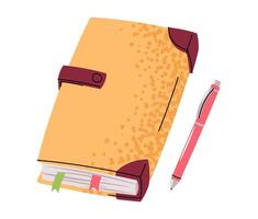 Yellow Notebook with Closure and Pen in Flat Style on White Background. Perfect for School Planners, Office Journals, and Creative Projects. Design for Stationery, Social Media, and Printable Stickers vector