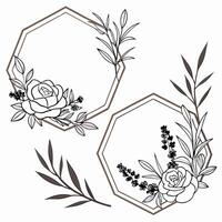 Collection of hexagon, rhombus, and circular frames blended with floral line illustrations vector
