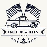 Flat badge icon of a retro pickup truck with waving American flags on both sides. Text Freedom Wheels Est. 1776 vector