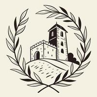 Charming hand-drawn wedding monogram logo featuring initials inside a rustic crest made of olive branches and laurel leaves vector