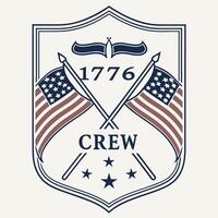 Military-style badge with crossed American flags, bold 1776 Crew vector