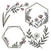 A set of hand-drawn floral frame elements featuring wildflowers, fine stems, and gentle branches vector