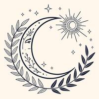 Refined wedding monogram with hand-illustrated initials cradled in crescent moon and starburst vector