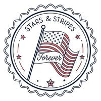 Flat line icon art of a circular badge with the text Stars Stripes Forever wrapped around an American flag waving in the center vector