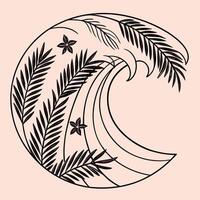 Curved line abstract resembling ocean wave with integrated palm leaf silhouettes vector