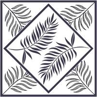 A pattern of repeating stylized tropical leaves within a geometric square grid layout, sharp black outlines vector