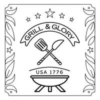 Badge style flat line featuring a crossed spatula and fork over a BBQ grill with Grill Glory above, and USA 1776 vector