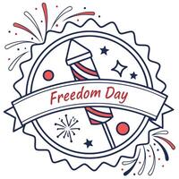 Flat line icon of a badge with bursting fireworks and Freedom Day written in bold text across a banner ribbon vector