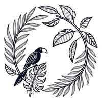 Elegant line-art badge frame made from intertwining tropical leaves, circular shape, detailed ink-style outlines vector