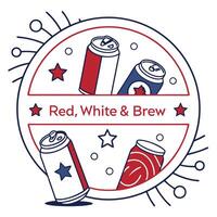 Circular badge with three clinking beer cans red, white, and blue in center, with Red, White Brew arched around vector