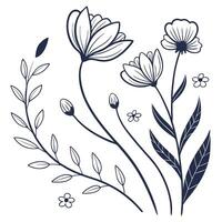 A modern set of line botanical motifs including single flowers, buds, and simple stems vector