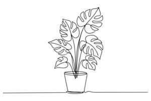 Continuous one line drawing of monstera plant in flower pot minimal botanical art illustration vector