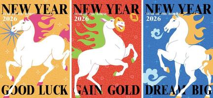 2026 Happy Chinese New Year, Year of the Horse Poster set, flat style, Modern Design for Card, Postcard, Greeting Card, Poster and Flyer Template vector