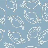Seamless pattern with conical shells in contour drawing style on a blue background arranged randomly vector