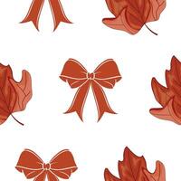 Elegant seamless pattern with traditional maple leaves and ribbon bows in Canadian red, for a variety of designs vector