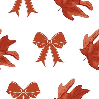 Repeating motif with maple leaves and festive bows in red, for a variety of designs vector