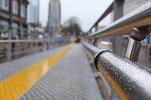 Water droplets cling to a shiny handrail on a bridge connecting city streets during a light rain, with blurred traffic in the background photo
