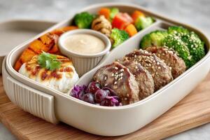A bento box with meat, vegetables and sauce photo