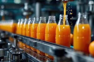 Bottles are filled with vibrant orange juice on a production line in a factory, showcasing the bottling process in motion photo