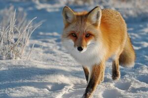 A red fox moves gracefully across a snowy ground, showcasing its vibrant fur against the winter backdrop photo