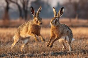 Hares leap and play in a sunlit field, surrounded by dry grass and trees, creating a serene moment at sunset photo